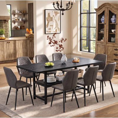 9-Piece Modern 71" Rectangular Dining Table Set with Storage Shelf and Quilted Upholstered Dining Chairs