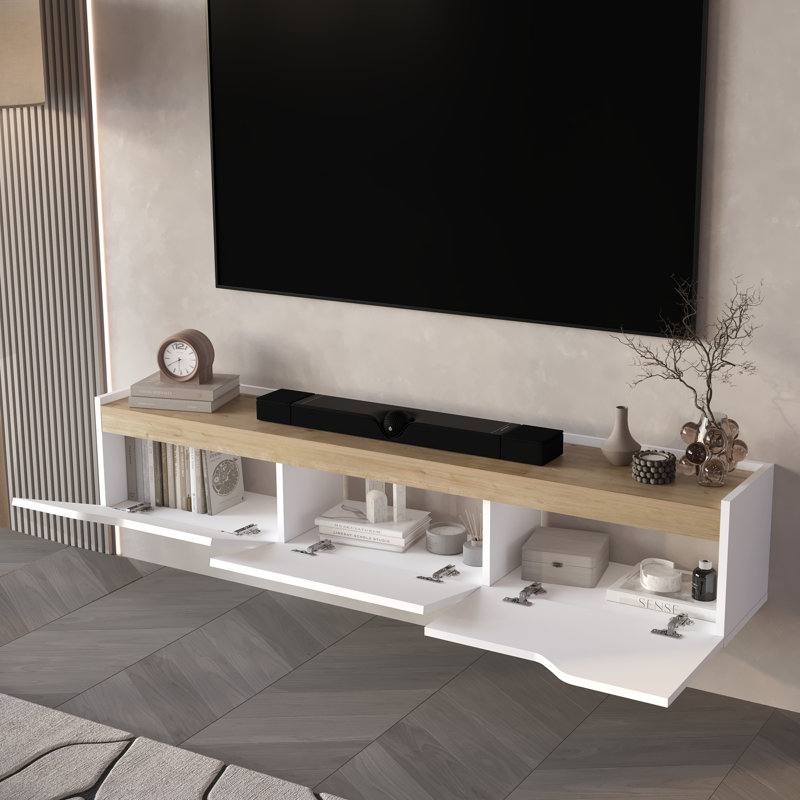 Meuble télé flottant avec 3 armoires Newa, Blanc / Chêne