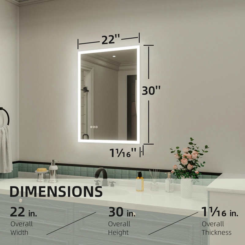 Bathroom Vanity Mirror LED Lights Anti-Fog Wall Mirror 3 Colors Dimmable, 30" x 22"