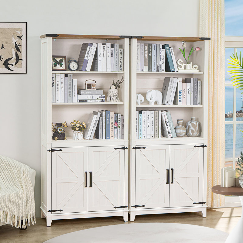 70in Tall Bookshelf 5 Tier Bookcase with Barn Doors and Adjustable Shelves,Farmhouse Book Shelf with Storage Cabinet,Wood Freestanding Display Bookshelves for Bedroom, Living Room