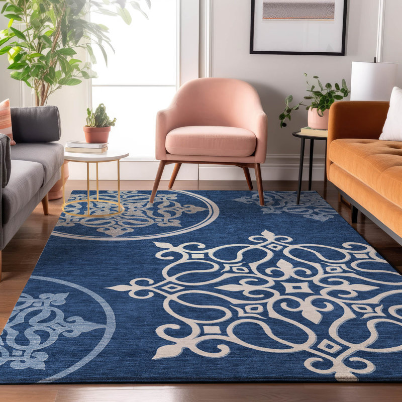 Tapis bleu marine de qualité supérieure lavable à la machine Prisco, Rectangulaire 8 pi x 10 pi