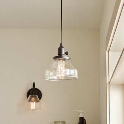 Luminaire suspendu 1 lumière bronze antique avec abat-jour en verre bullé transparent