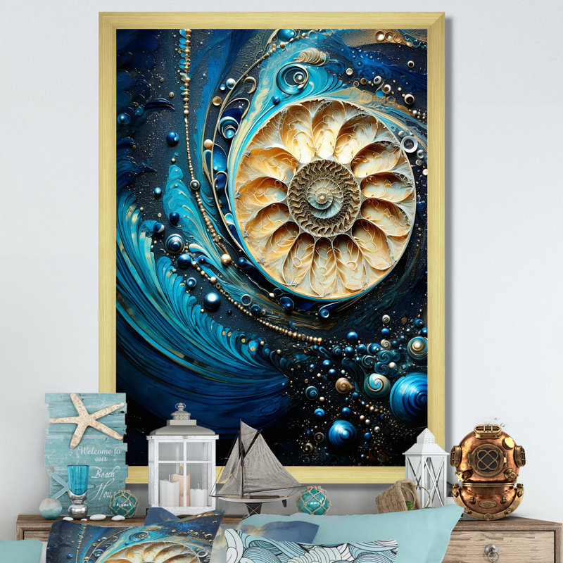 Nautilus, saphir, coquillages I sur toile, H 20 po x l 12 po x P 1 po, Cadre doré simple