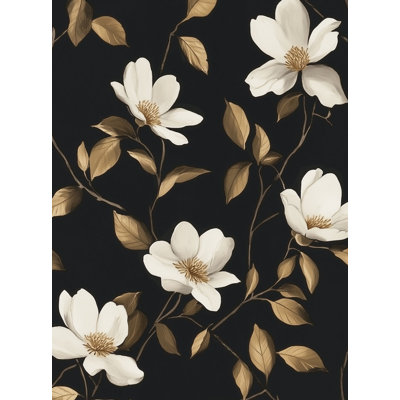 Black Gold Floral Wallpaper | White Magnolia Wall Mural | Peel and Stick Roll