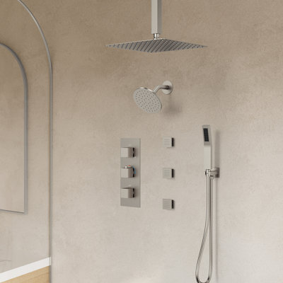 Thermostatic Dual Showerheads System, Ceiling Mount 12" High-Pressure Rainfall Shower Faucet with Handheld Spray