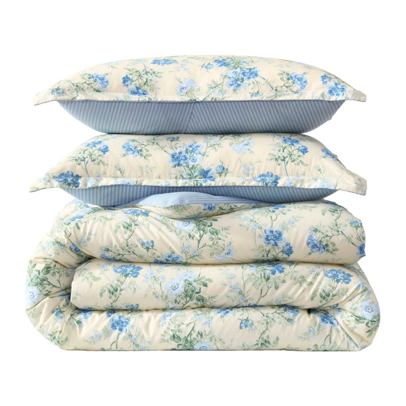 Laura Ashley Blossom Dance Cotton Reversible Blue Comforter Set, Queen Comforter + 2 Standard Shams, Blue Floral