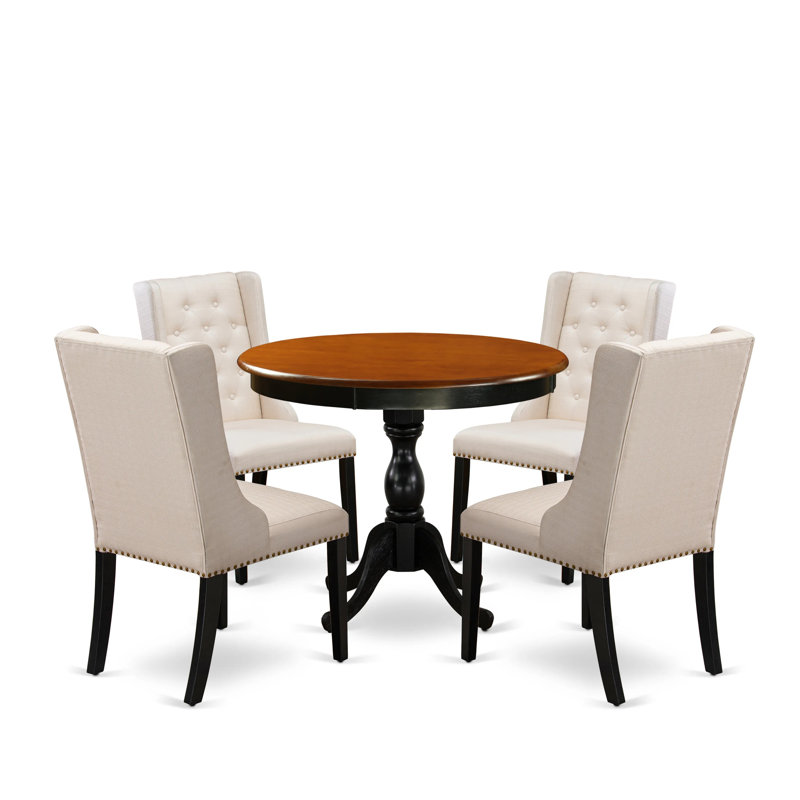 Ensemble de table de salle à manger 5 pièces moderne comprenant une table en bois et 4 chaises de salle à manger en tissu de lin crème avec dossier capitonné - Finition noire