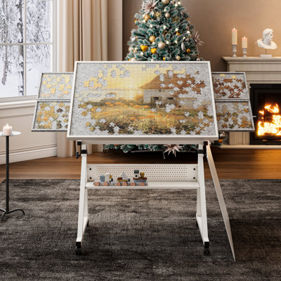 Table de casse-tête, 1500 pièces, hauteur réglable, plateau de bureau à 16 coins, 4 plateaux ajustables, plateaux en feutre, couvercle en bois