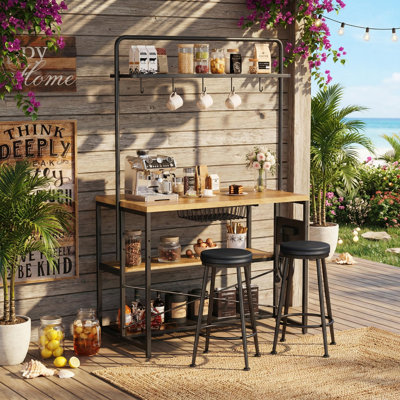 Kitchen Island with Power Outlet & 2 Bar Stools, Industrial Bakers Rack with 3-Tier Shelves & 5 Hooks, Microwave Stand Coffee Bar Table for Dining Room, Living Room, Apartment.