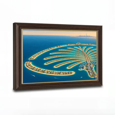 Palm Island in Blue Ocean with City Skyline Canvas Wall Art