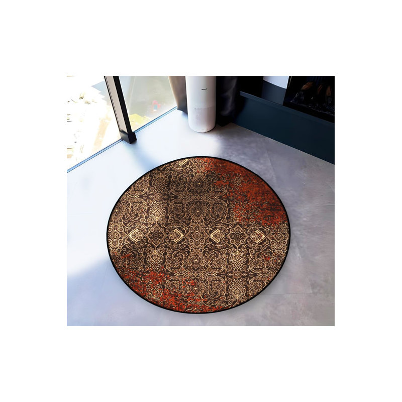 Tapis rond rond brun foncé à motif tissé antique, Sous-tapis rond 3 pi 3 po inclus