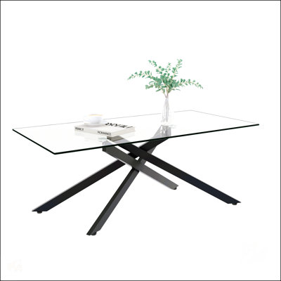 Stylish Rectangular Clear Tempered Glass Coffee Table With Black Metal Legs, Perfect For Modern Living Rooms And Entertaining Spaces.