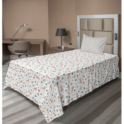 Ambesonne Tropical Sheet Set 3 Pcs Wild Cats Palm Trees Plot Pale Salmon Cadet Blue