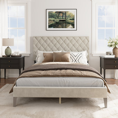 Modern Upholstered Platform Bed,10 Slats + 4 Centre Support Legs, Queen Size,No Box Spring Required, Easy Assembly