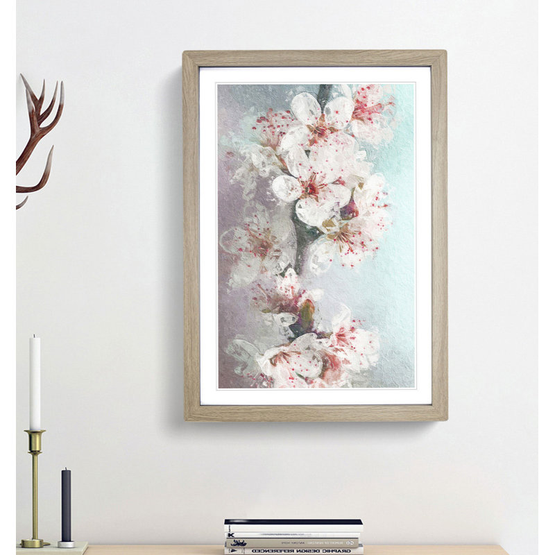 White Blossoms in Abstract - Framed Print, 65cm H x 48cm W x 2cm D, Oak Framed