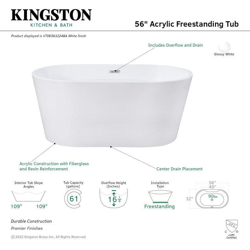 Kingston Brass Aqua Eden 56-Inch Acrylic Oval Double Ended Freestanding Tub with Drain