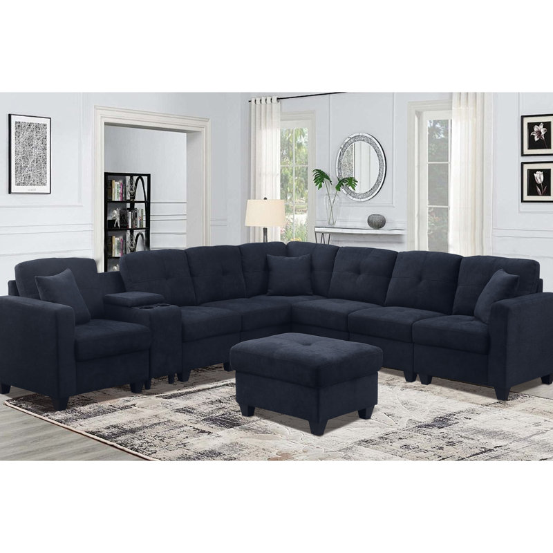 Canapé modulaire en tissu de microfibre doux bleu foncé à deux porte-gobelets avec cadre en bois massif pour plus de stabilité et de confort