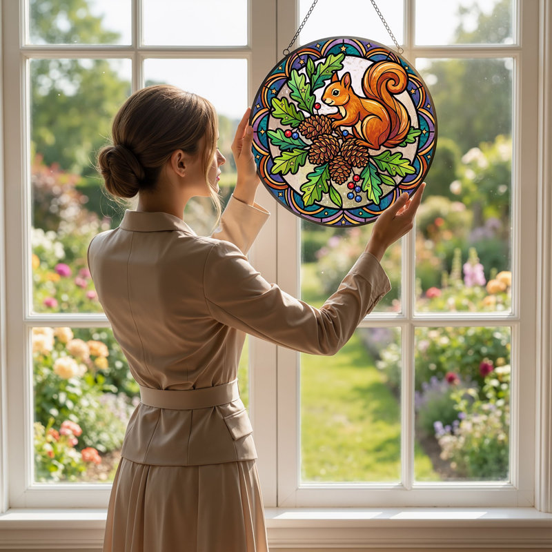 Squirrel Pinecone Stained Glass Window Panel，12"H, 12"H