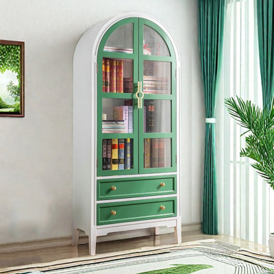 Arched Glass Door White Solid Wood Bookcase