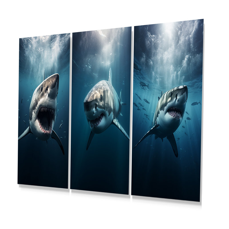 Requin bleu apex photo prédateur - requin en métal, ensemble de 3 décorations murales, H 32 po x l 48 po