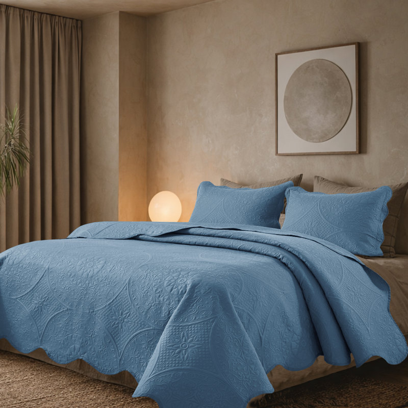 Floral Embossed Microfiber Quilted Bedspread Set, Washed Blue, King Coverlet/Bedspread + 2 King Pillowcases
