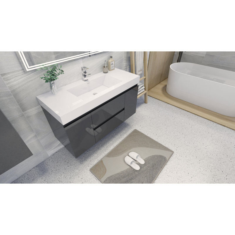Ensemble de meuble-lavabo de salle de bain simple fixé au mur 47 po Leni, Gris à haute brillance