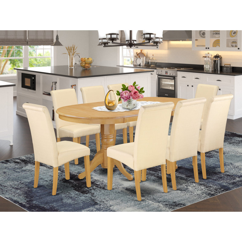 Ensemble de table de cuisine 9 pièces comprenant une table ovale à rallonge papillon et 8 chaises de salle à manger Parson en lin beige clair, 101,6 x 193,2 cm, chêne