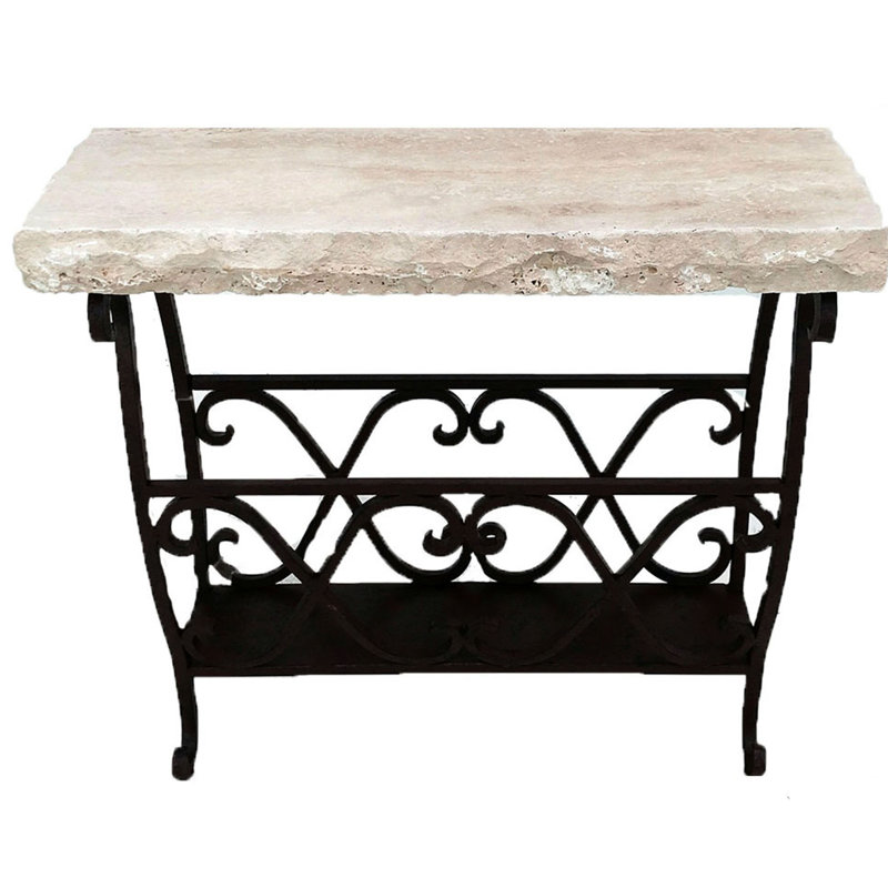 High End Wrought Iron Accent table with Cream Travertine top with Chisel Edge
