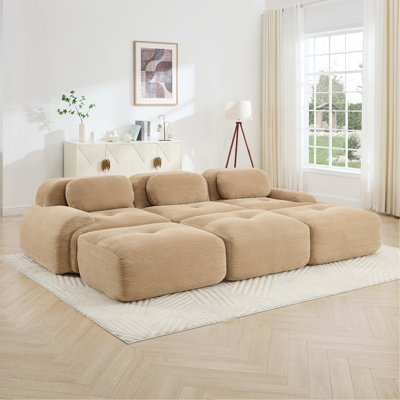 Canapé modulaire à trois places avec 3 repose-pieds en tissu velours côtelé sans assemblage pour animaux de compagnie accoudoirs ultra larges incurvés 32D haute résilience éponge salons médias, chameau