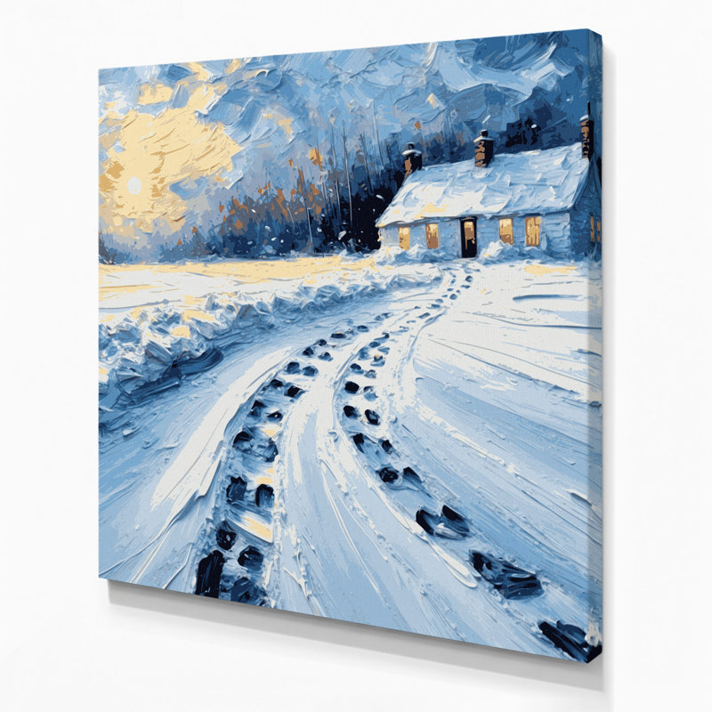 Toile grise de Noël dans la neige menant à une maison, H 12 po x l 12 po