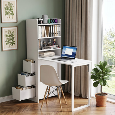 Wall Mounted Foldable Desk, Space Saving Hidden Desk With Storage & Power Outlet, Fold Out Table For Small Spaces, Home Office Bedroom, Black