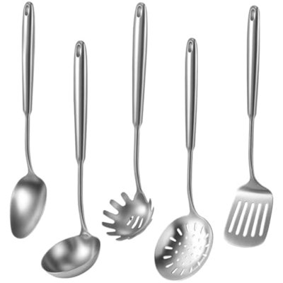 5 Pcs Cooking Utensils Set, 304 Stainless Steel Kitchen Utensils Set, Metal Kitchen Accessories, Include Soup Ladle, Slotted Skimmer Spoon, Spaghetti Spoon And Spatula, Dishwasher Safe