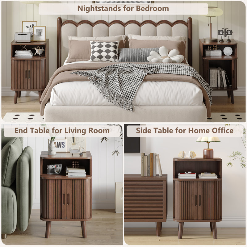 Mid Century Modern Nightstand, Fluted End Table With Open Shelf and Storage Cabinet, Curved Round Edge Wood Bedside Table with Slide Doors