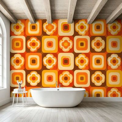 Peel and Stick Wallpaper Wall Mural 70s Retro Seamless Orange Brown Yellow Beige 60s 70s Retro style Wall Art Self Adhesive and Removable