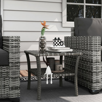 Outdoor End Table With Tempered Glass, Grey , Storage, Aluminum Frame Square Glass Patio Side Table, 2