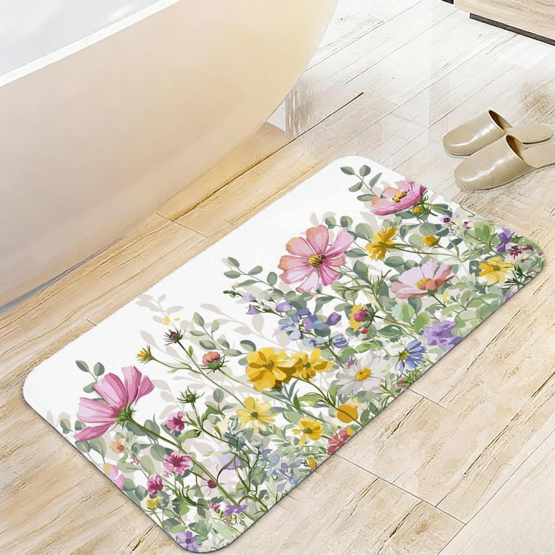 Tapis doux antidérapant Wildflower Meadow, Rose / Motif floral jaune