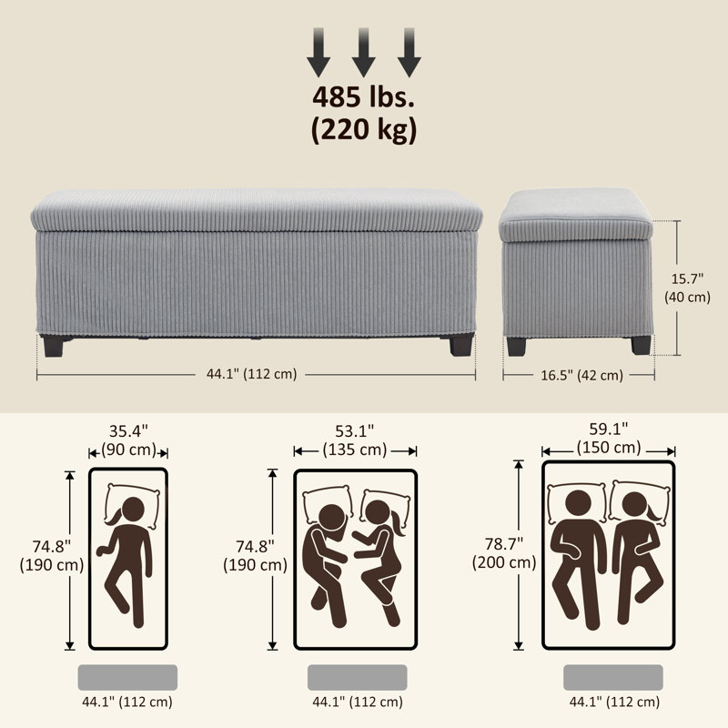 Banc de rangement avec repose-pieds 44 pouces avec couvercle, pieds, repose-pieds, gris