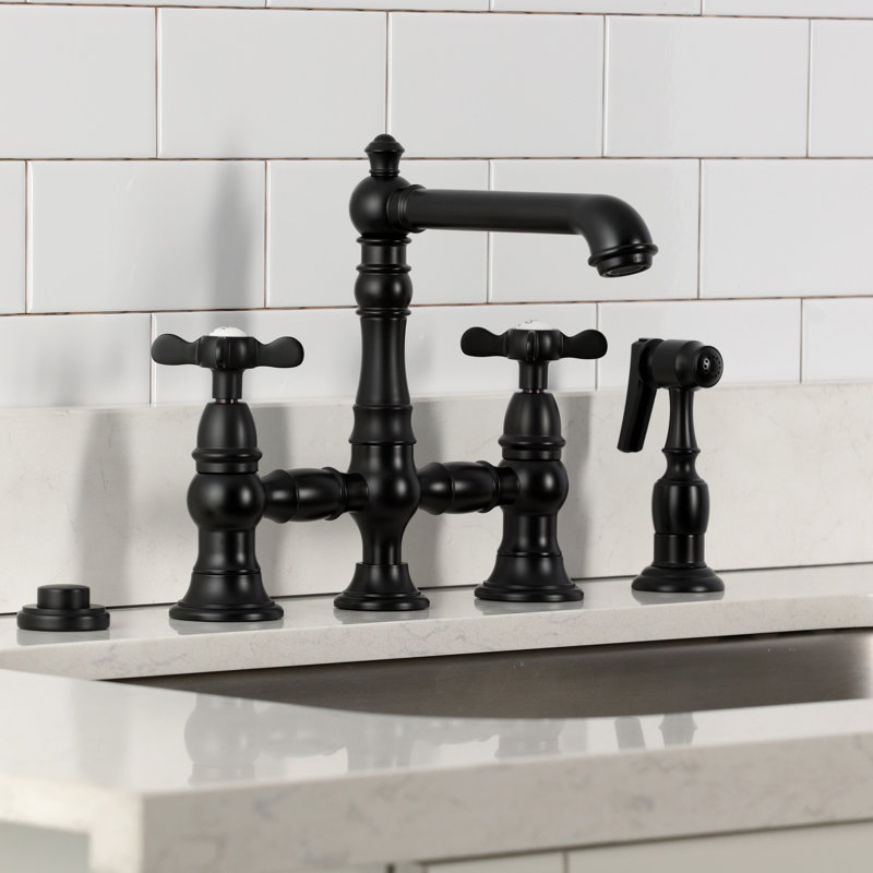 Kingston Brass Essex Two-Handle 4-Hole Deck Mount Bridge Kitchen Faucet with Brass Side Sprayer, Matte Black