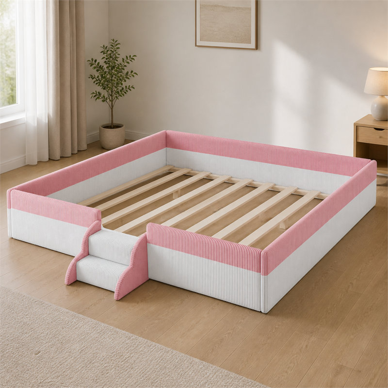 Lit de sol rembourré Queen de 79,8 pouces de long avec barrières de sécurité, marches à deux niveaux et lumières DEL intelligentes, rose et blanc – sécuritaire et pratique.