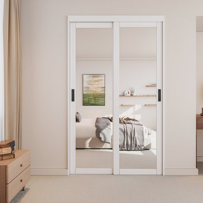 48"x80" White Prefinished 1-Lite Mirrored Closet Sliding Door with Hardware Kit No Assembly Required