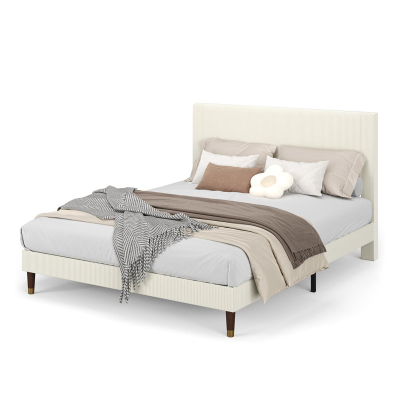 Platform Bed Frame with Headboard, Comfy Corduroy Upholstered Bed Frame with Wooden Slats Support, No Box Spring Needed, Full