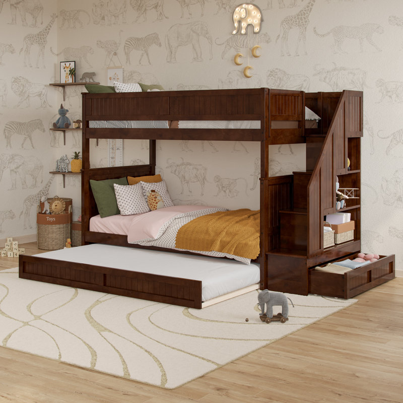 Keaire Staircase Bunk Bed with Storage Drawer and Twin Trundle, Walnut, Twin Over Twin