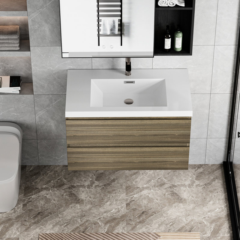 Meuble-lavabo 36 po avec lavabo, armoire captivante. Lavabo en résine, tiroirs à fermeture en douceur. Magnétisme gris cendré. Armoire murale flottante 24V11-36Ag. Attrait.