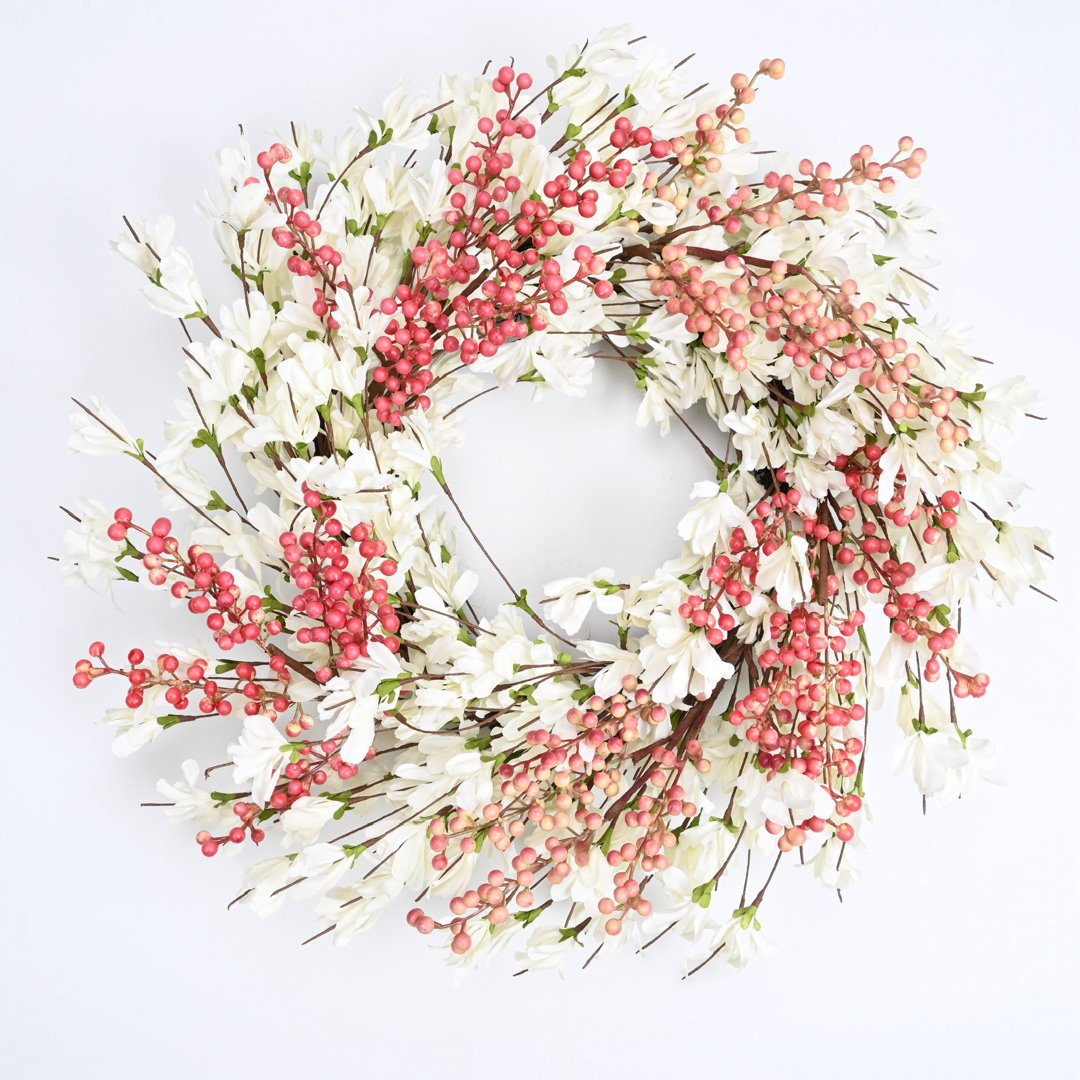 Handcrafted Faux 24'' Spring Summer Front Door Faux Forsythia Blossoms Wreath The Holiday Aisle® Wreath 