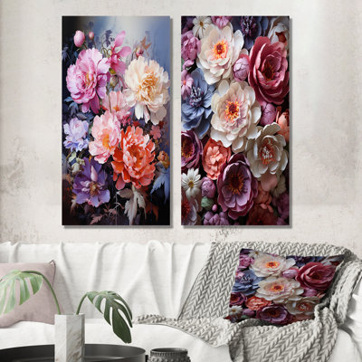 «Asian Art Peony In Coral», 2 pièces sur toile
