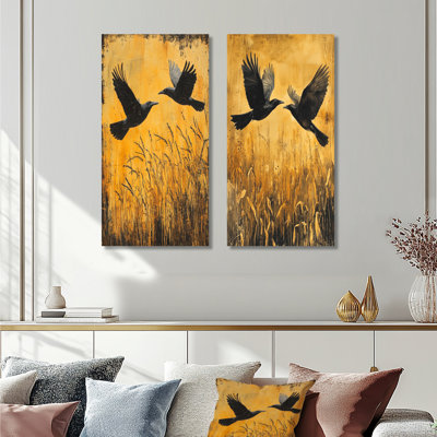 Dark Crows In The Cornfield I - Animals Wall Art 2 Pieces