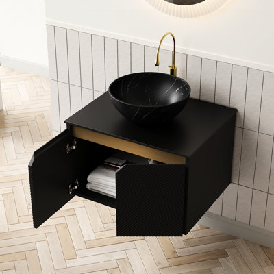 24" Bathroom Vanity & Sink, Black Bowl Ceramic Basin With Stone Pattern, Sintered Top, Floating Storage Cabinet, Twill Double Doors, Soft Close Mechanism, Hardness Ceramic, Excellent Water And Stain