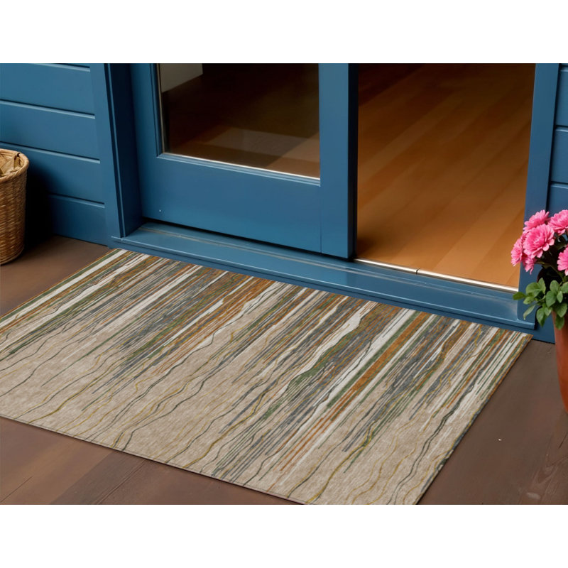 3' X 5' Taupe Copper And Green Striped Washable Indoor Outdoor Area Rug