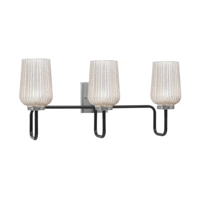 Barre d'éclairage de salle de bain 3 lumières Amarmula, noir mat et finition graphite, verre texturé argenté de 5 po