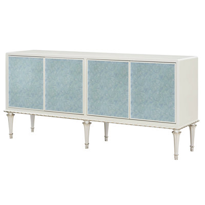 Elegant Pearl White & Silver Console With Wooden Legs And Magnetic Door Cabinet In Glass Front Leg Detailing